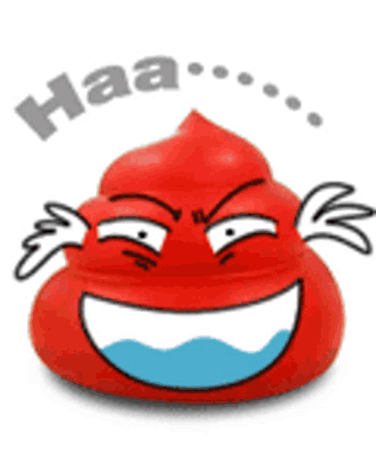 a cartoon drawing of a red poop with a laughing face and the word haa above it
