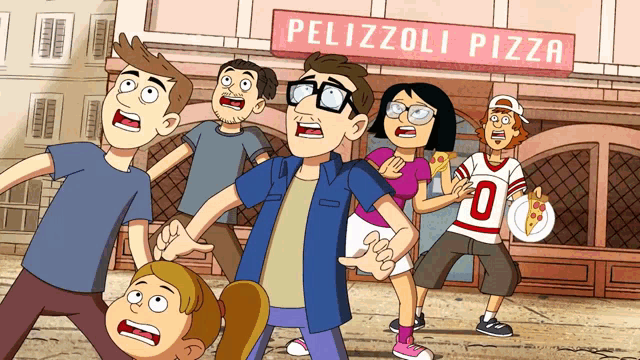 a group of cartoon characters standing in front of a pelizzoli pizza
