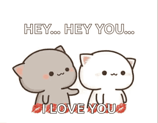 a couple of cartoon cats are kissing each other and saying `` hey hey you i love you '' .