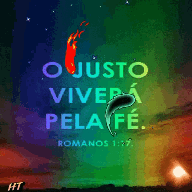 o justo vivera pela fe is written on a colorful poster