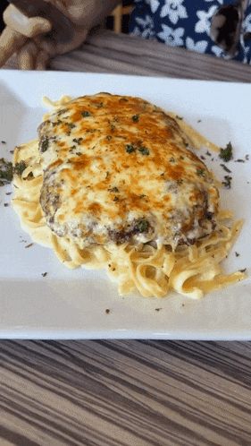 a white plate topped with spaghetti and a piece of meat