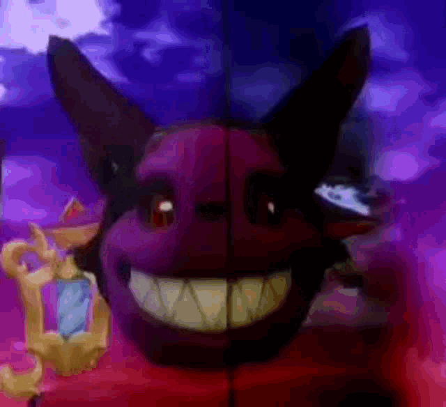 a close up of a cartoon character 's face with a purple background
