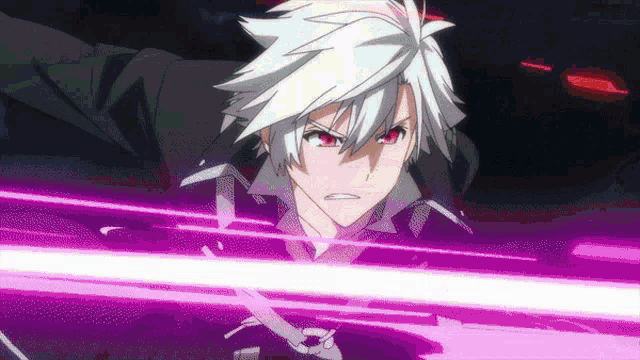 a anime character with white hair and red eyes