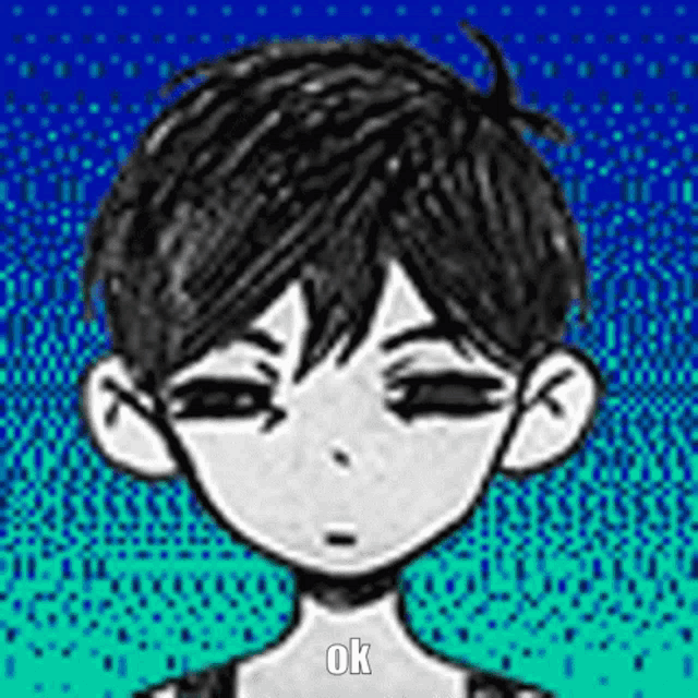 a black and white drawing of a boy with a blue background and the words `` ok '' written on it .