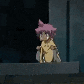 a little girl with pink hair is jumping in the air with her hands in the air .