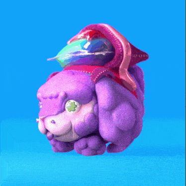 a purple stuffed animal with a pink hat and a rainbow on it