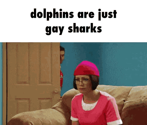 a woman in a pink hat is sitting on a couch with the words dolphins are just gay sharks below her