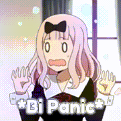 a girl with pink hair and a bow on her head is standing in front of a window with her hands in the air .