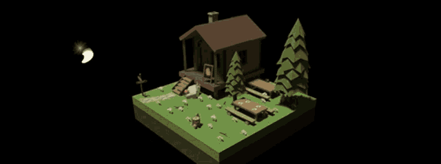 a shingland logo with a house and trees on a black background