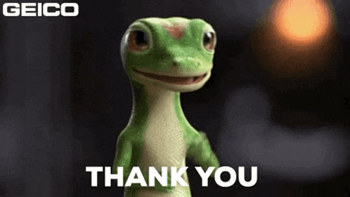 a geico lizard says thank you in front of a blurry background