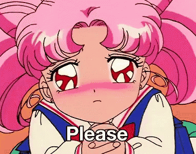 a girl with pink hair is holding her hands together and says please .