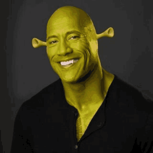a man with shrek 's face painted on his face is smiling .