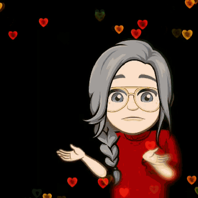 a cartoon girl wearing glasses and a red shirt is surrounded by hearts on a black background