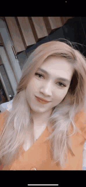 a woman with blonde hair is taking a picture of herself