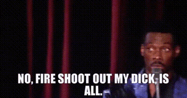 a man is standing in front of a microphone with the words `` no , fire shoot out my dick , is all ''