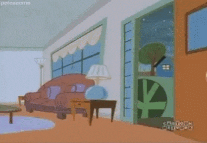 a cartoon character named johnny bravo is standing in a living room with a couch .