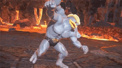a cartoon character is flexing his muscles in a cave in a video game .