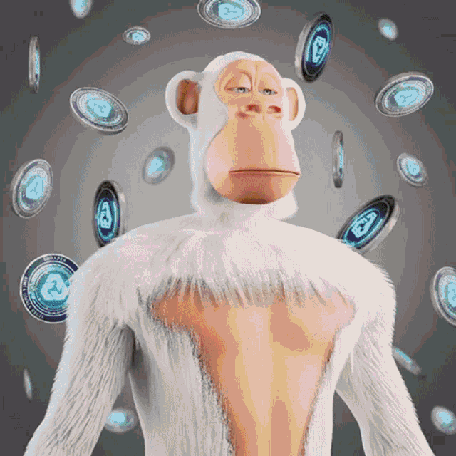 a cartoon monkey is surrounded by coins with the letters r and n on them
