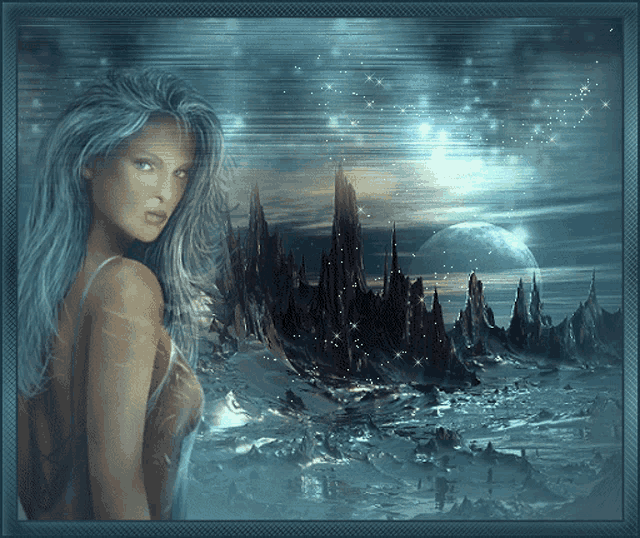a painting of a woman standing in front of a moon