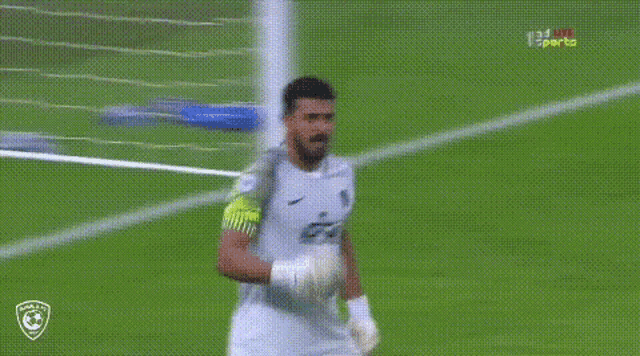 a soccer player is standing on a field with his arms outstretched and a goal in the background .