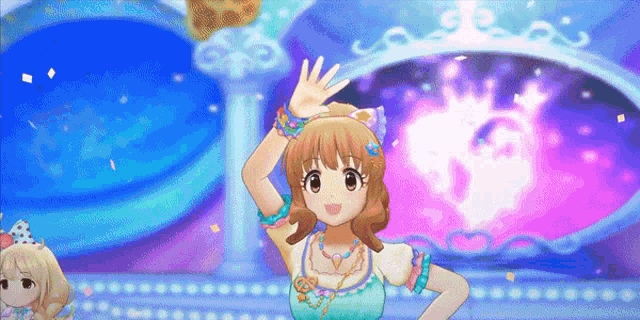 a girl with a cat ear on her head is waving her hand