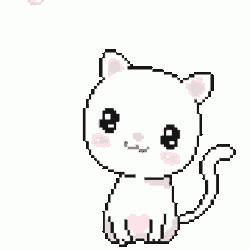 a pixel art drawing of a white cat with pink ears and a pink tongue .