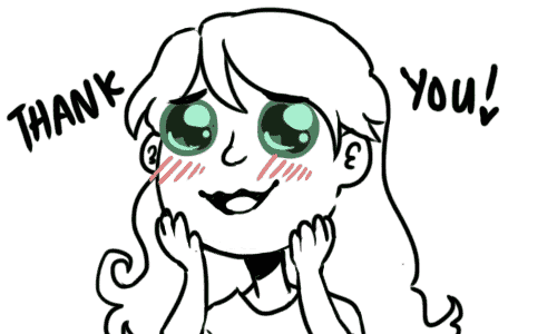 a drawing of a girl with green eyes and the words thank you