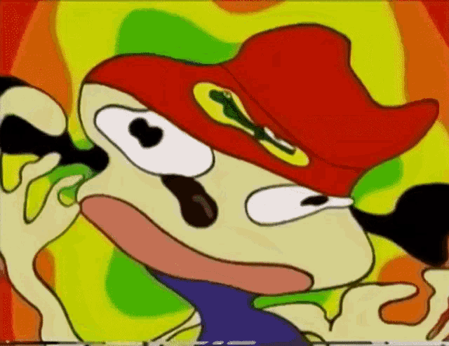 a cartoon character is wearing a red hat with a green letter s on it