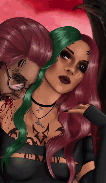 a painting of a woman with green hair and a man with glasses