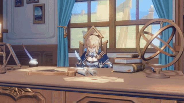 a woman sits at a desk in front of a window writing