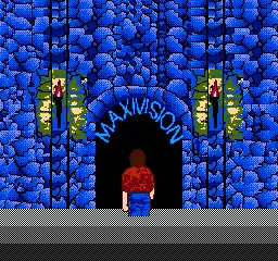 a pixel art illustration of a man standing in front of a blue stone wall .