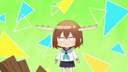 a cartoon girl with antlers is standing next to a tree trunk