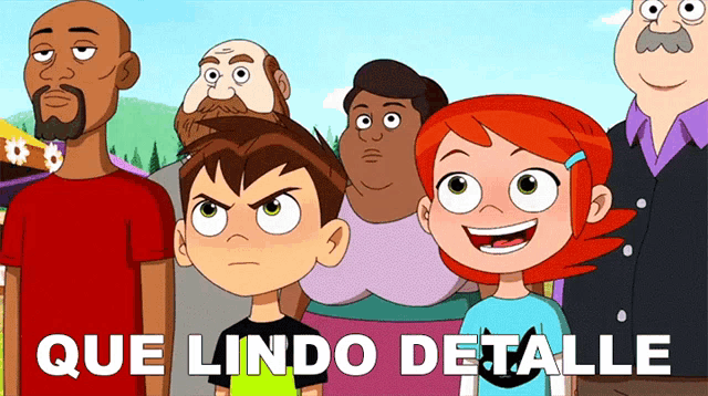 a group of cartoon characters standing next to each other with the words que lindo detalle written above them