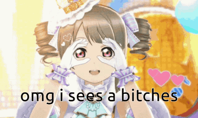a picture of a girl with the words " omg i sees a bitches " below her