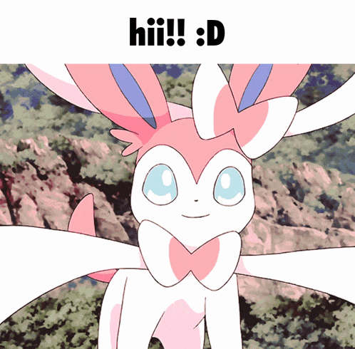 a cartoon of a pink and white bunny with the words hiii ! : d below it