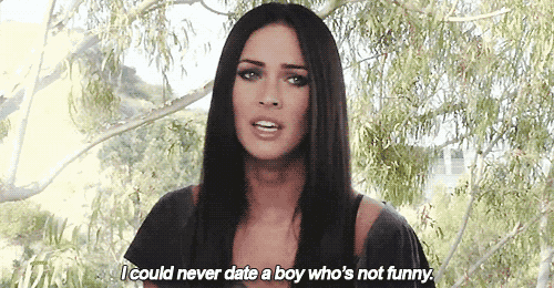 a woman says " i could never date a boy who 's not funny " in front of trees