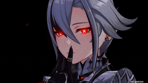 a close up of a person 's face in a video game with a red background