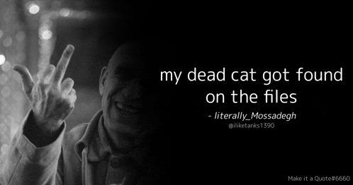 a black and white photo of a man giving the middle finger with a quote below him that says my dead cat got found on the files