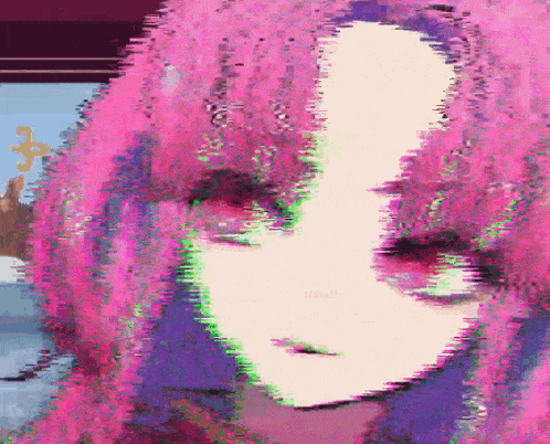 a painting of a girl with pink hair and purple eyes