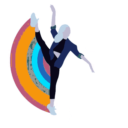 a woman is dancing in front of a rainbow