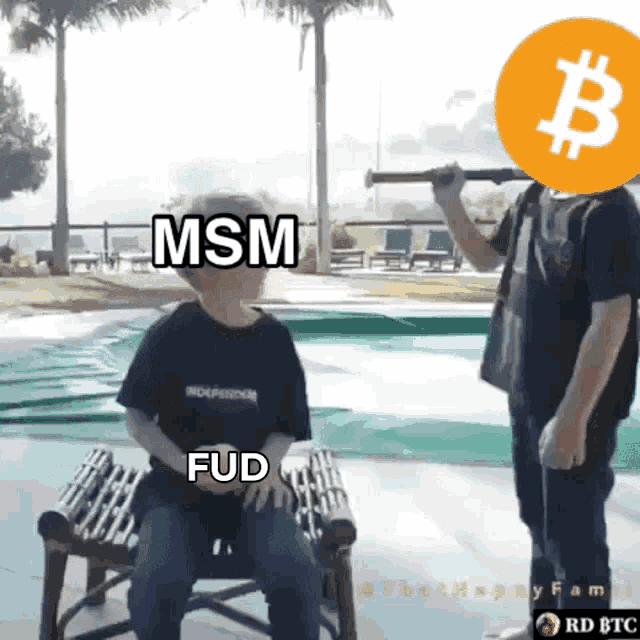 two people standing next to each other with one holding a telescope and the other holding a bitcoin sign