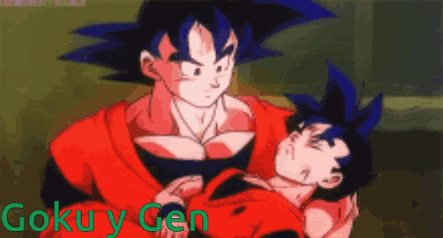 a cartoon of a man holding a child with the words goku y gen written in green