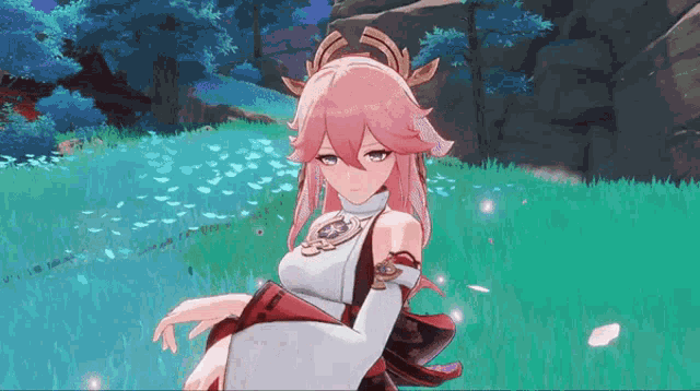 a girl with pink hair and a kimono is standing in a field of grass .