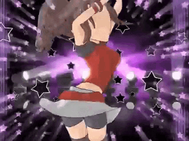 a cartoon girl is dancing in front of a purple background with stars