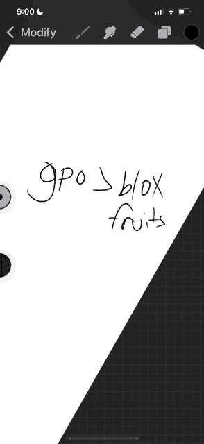 a cell phone screen shows a drawing with the words gro > blox fruits