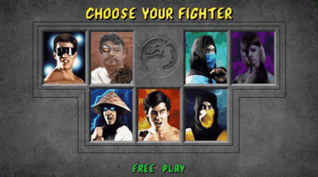 a video game choose your fighter screen with a free play button