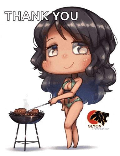 a girl in a bikini is cooking on a grill with the words thank you below her
