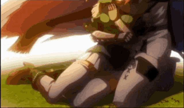 a couple of anime characters are kneeling down in the grass .