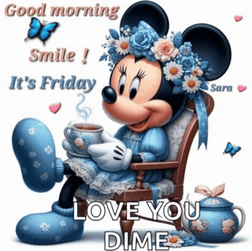 a picture of minnie mouse sitting in a chair holding a cup of tea