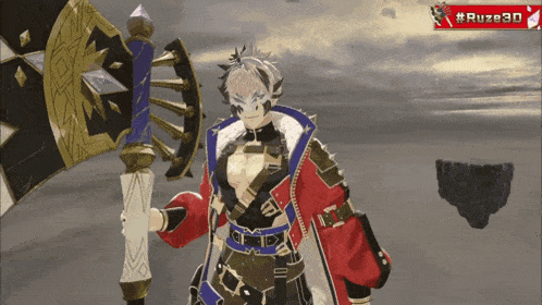 a video game character is holding a large axe and has the hashtag # ruze3d on the bottom right